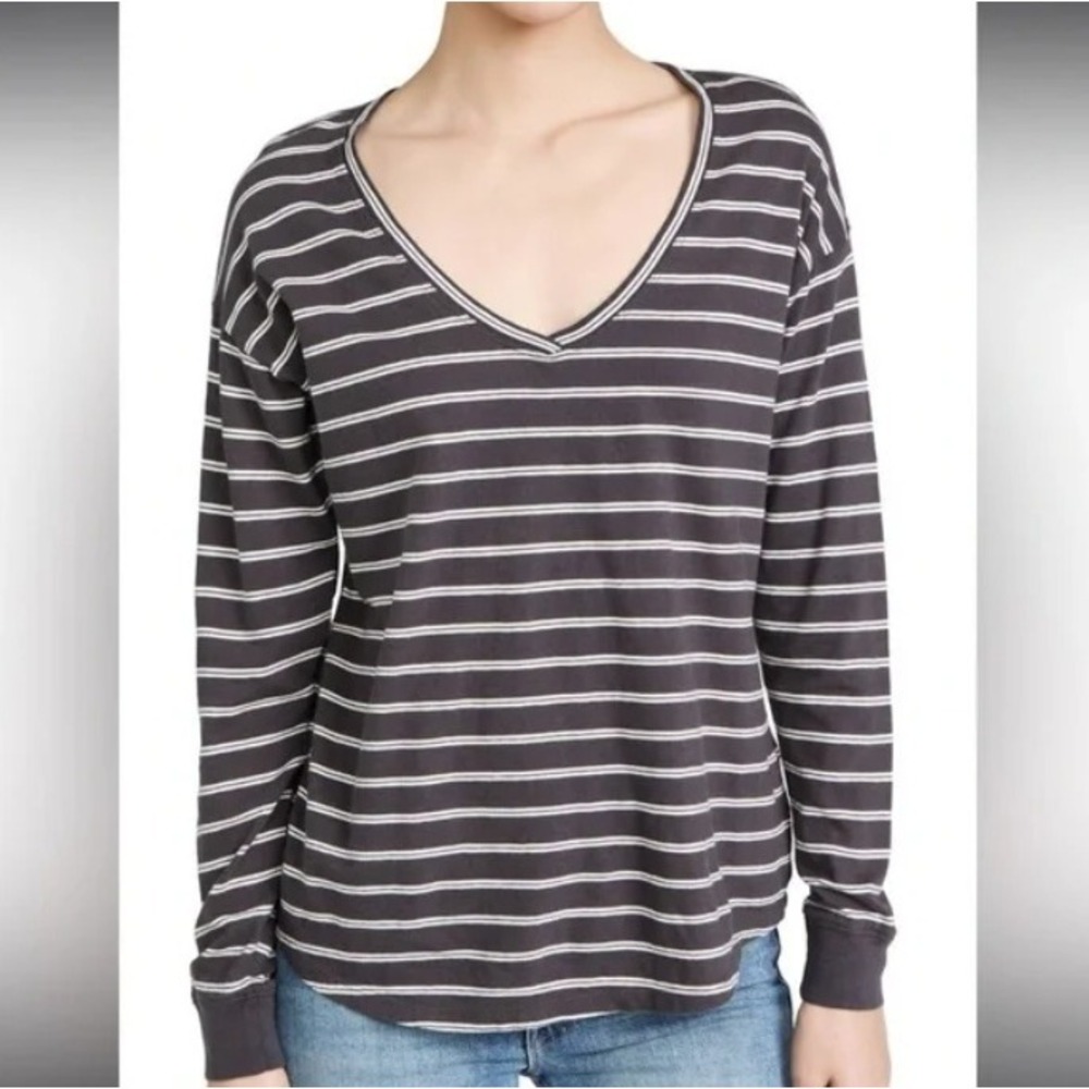 Madewell Striped V Neck Long Sleeve‎ Top Women Size Medium Charcoal White Casual